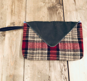 Wool plaid and waxed cotton clutch by Andover Trask - Olive