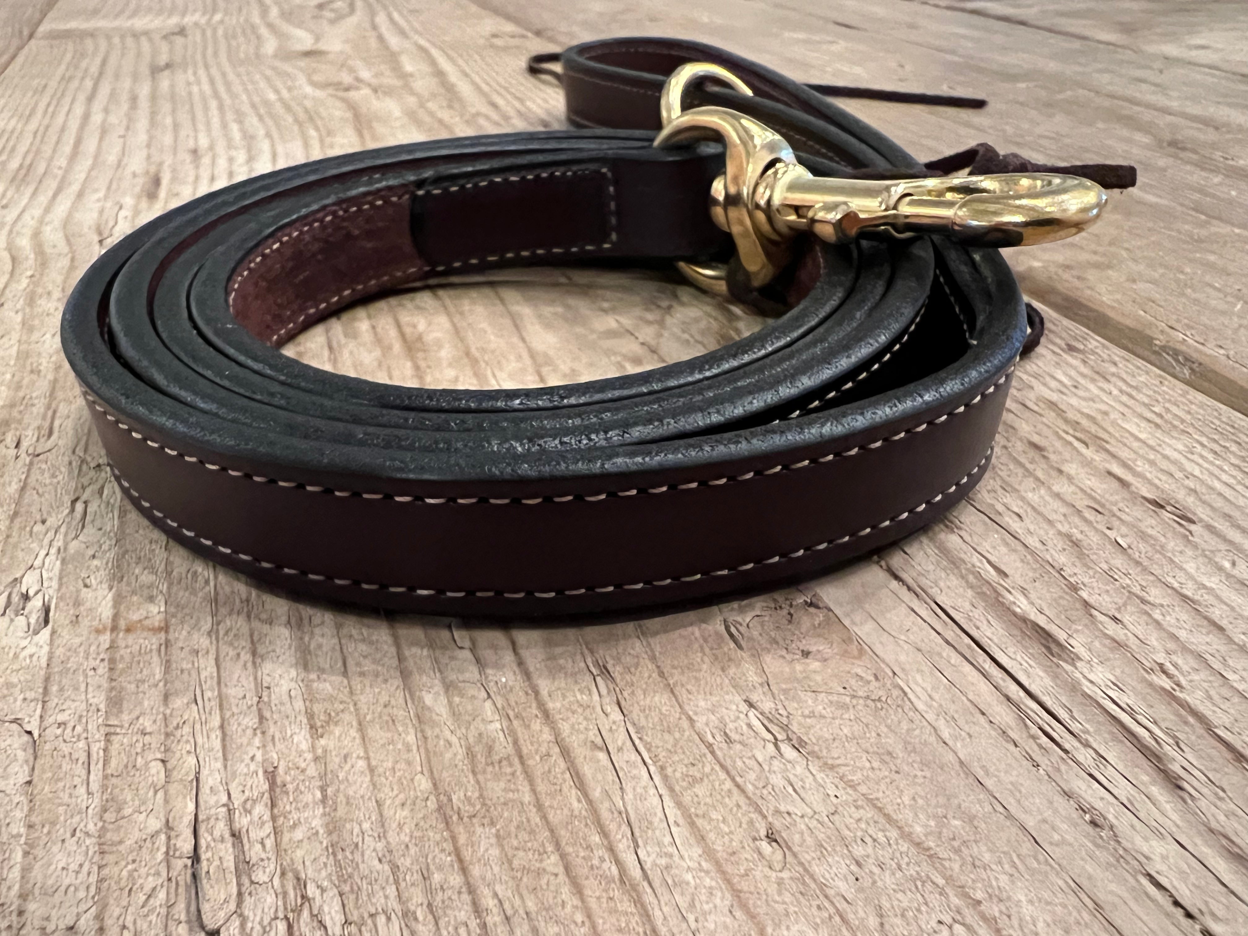 Stitched Havana and Brass Leash with brass ring