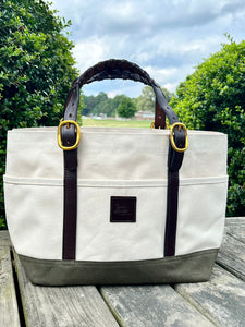 Porch Tote - Natural with waxed cotton - olive