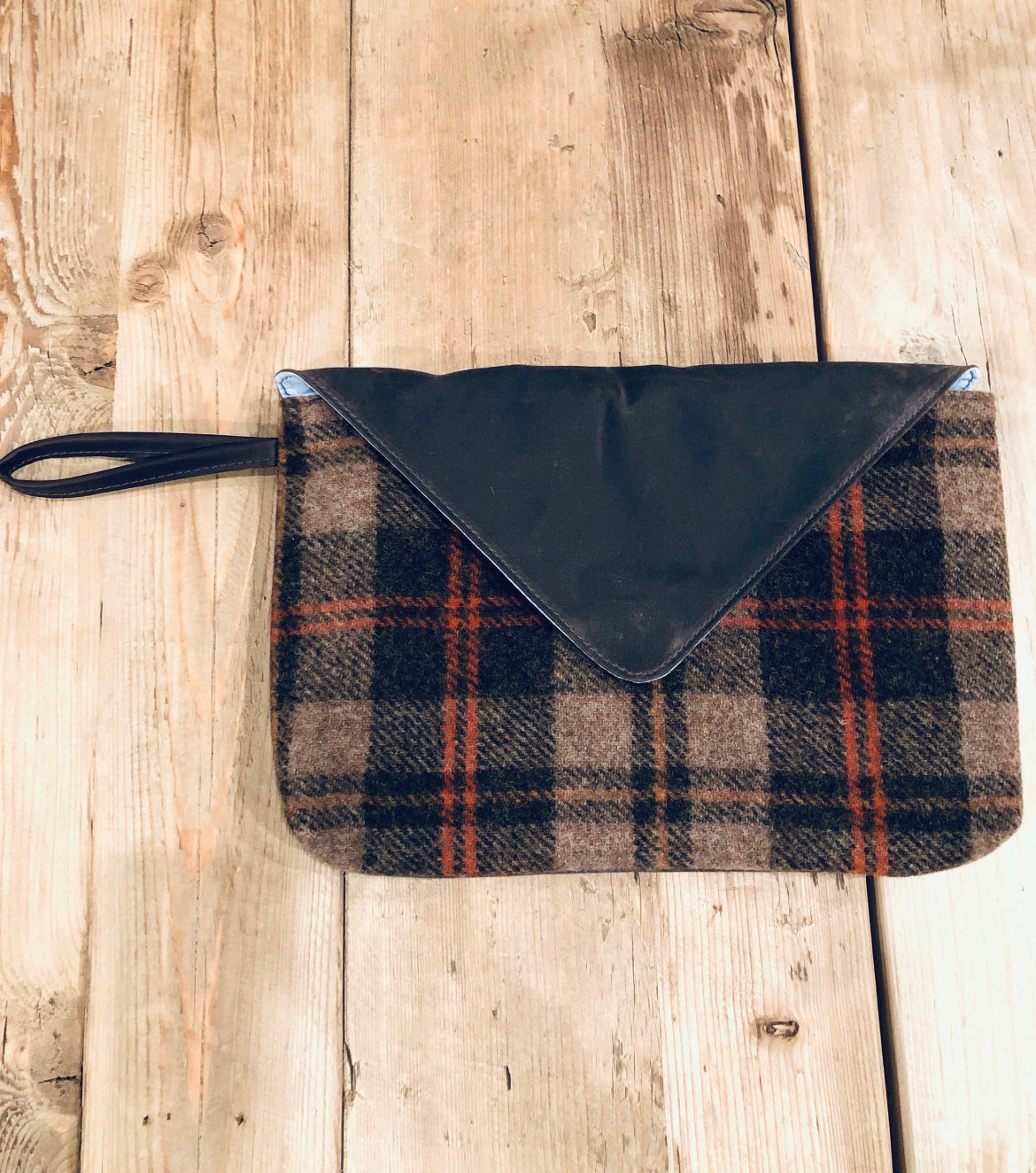 Wool plaid and waxed cotton clutch by Andover Trask - Chocolate